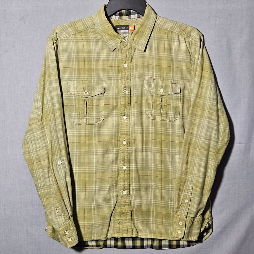 Y2K Quiksilver Shirt Button Down Long Sleeve Mens L Green Plaid Lined Surf Skate
